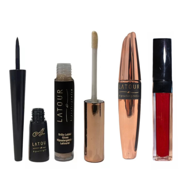 ANDRE LATOUR SET DE MAQUILLAJE (DELINEADOR NEGRO + MASCARA DE PESTAÑAS + GLOSS + LABIAL INSTRANSFERIBLE ROJO)